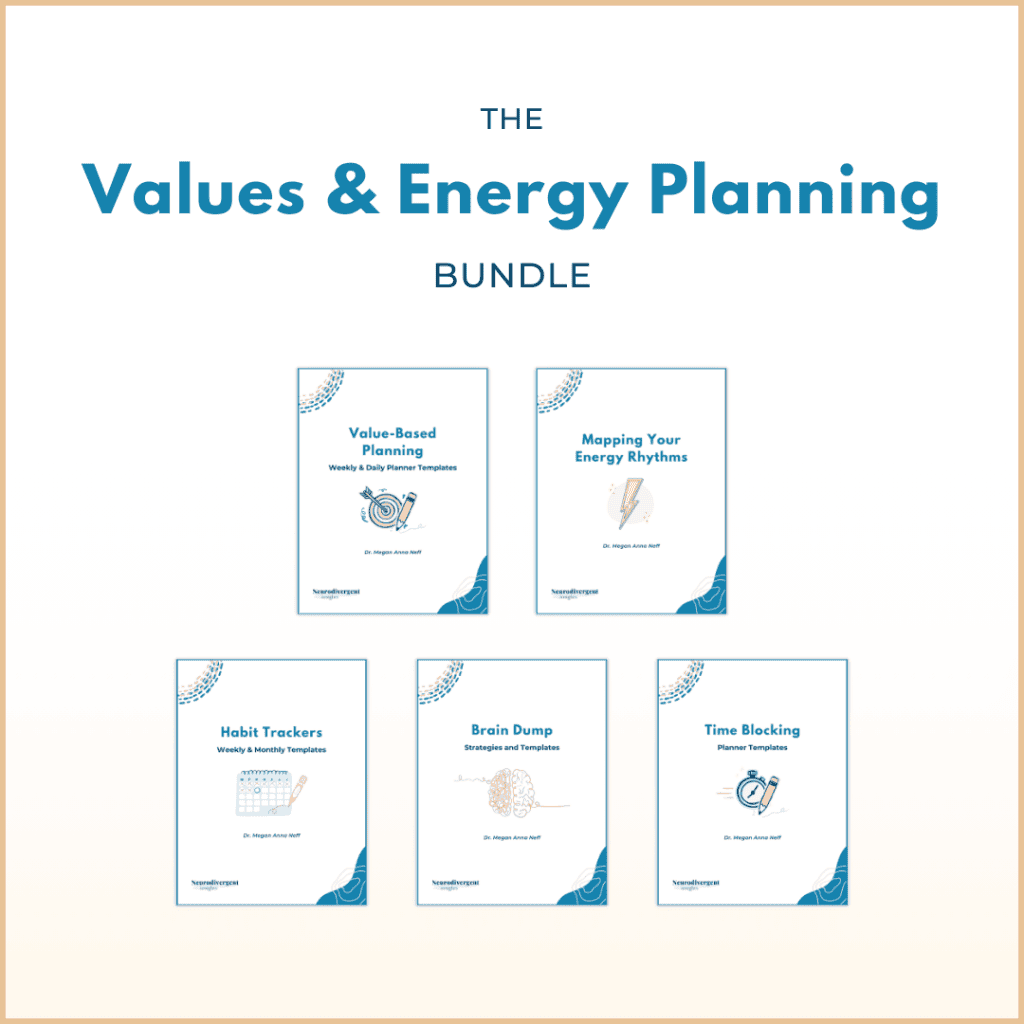 Graphic titled “The Values & Energy Planning Bundle” showing five neurodivergent-friendly planning workbooks: Value-Based Planning, Mapping Your Energy Rhythms, Habit Trackers, Brain Dump, and Time Blocking, arranged on a light neutral background.