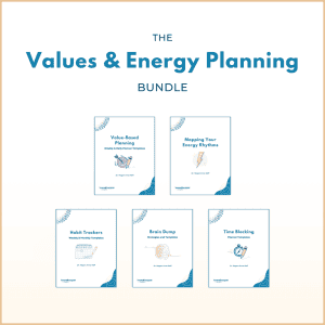 Graphic titled “The Values & Energy Planning Bundle” showing five neurodivergent-friendly planning workbooks: Value-Based Planning, Mapping Your Energy Rhythms, Habit Trackers, Brain Dump, and Time Blocking, arranged on a light neutral background.