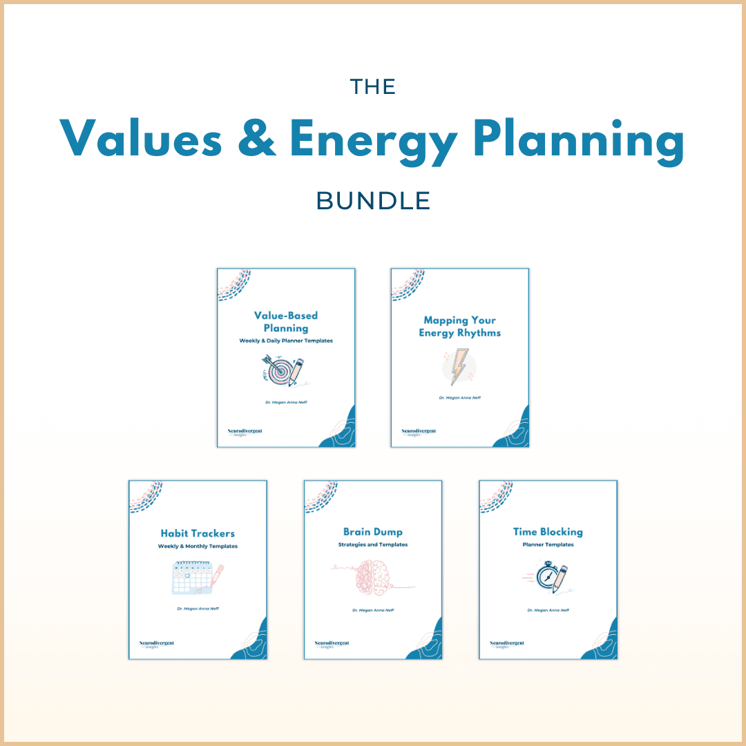 Graphic titled “The Values & Energy Planning Bundle” showing five neurodivergent-friendly planning workbooks: Value-Based Planning, Mapping Your Energy Rhythms, Habit Trackers, Brain Dump, and Time Blocking, arranged on a light neutral background.