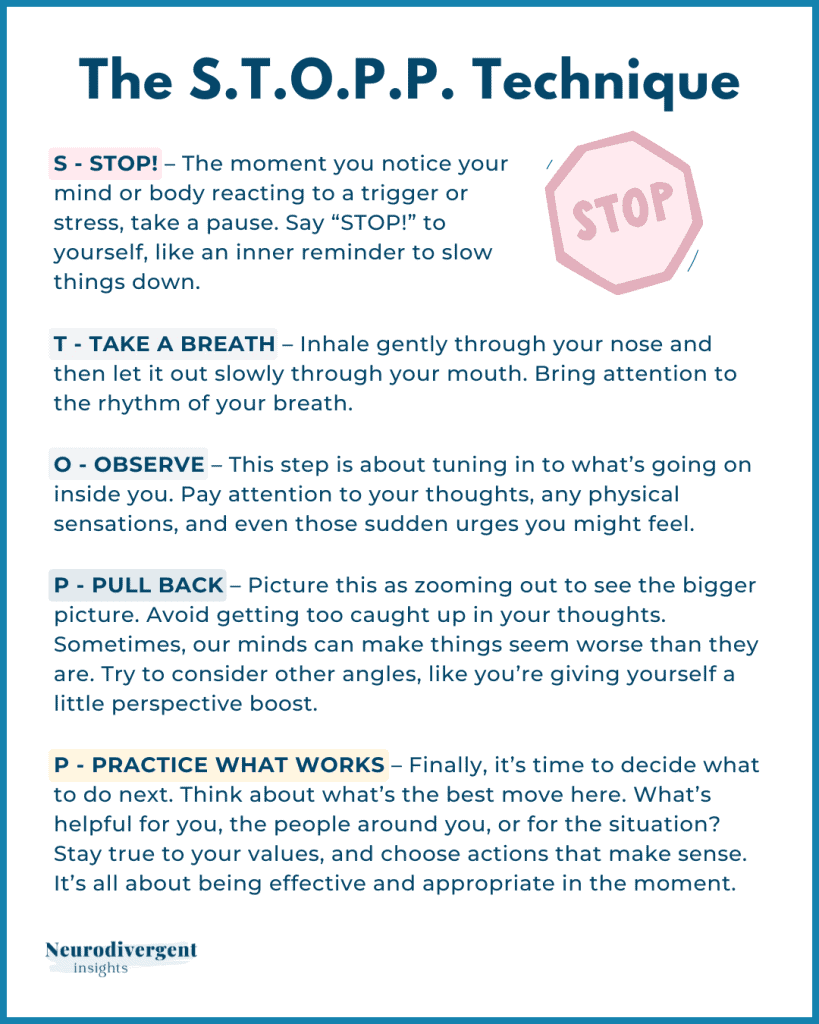 Infographic explaining the S.T.O.P.P. emotional regulation technique.