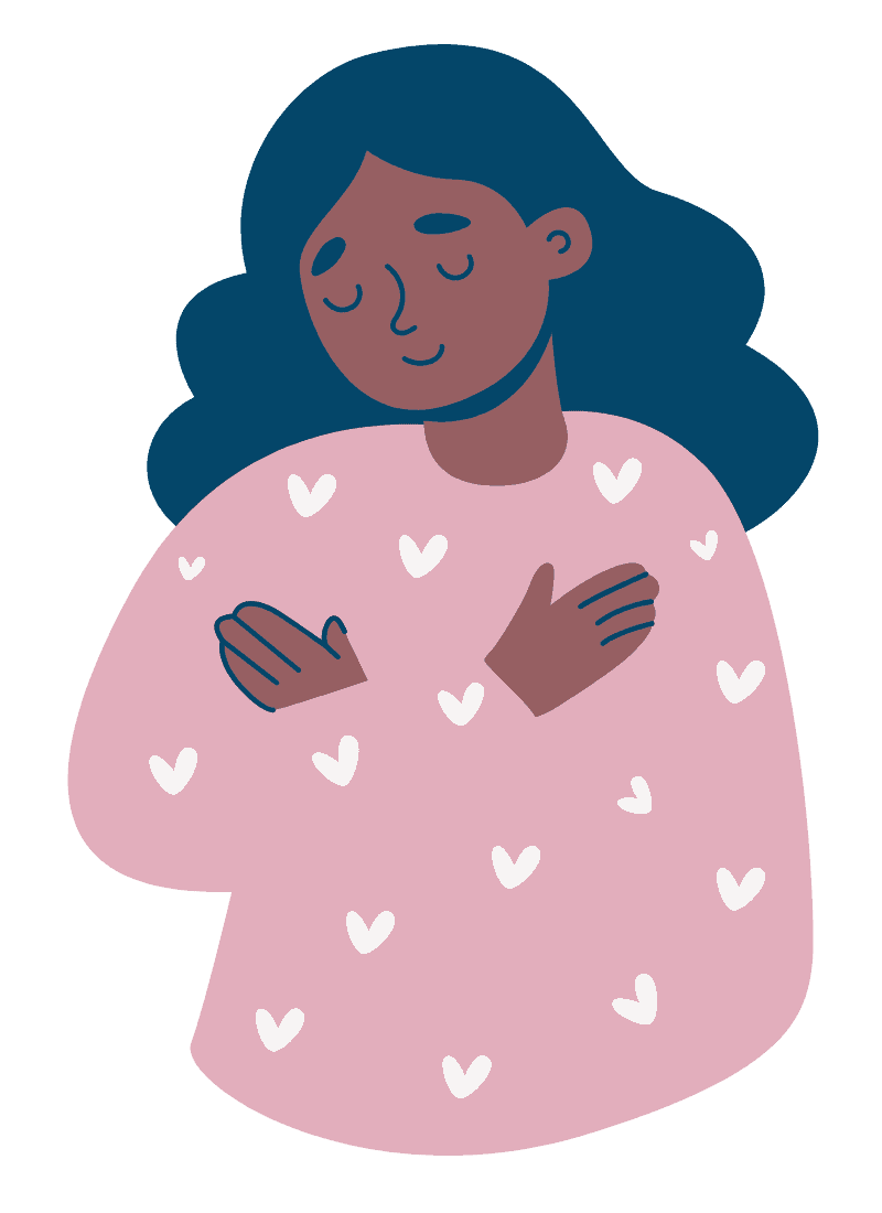 Illustrated woman with blue hair holding hands to chest