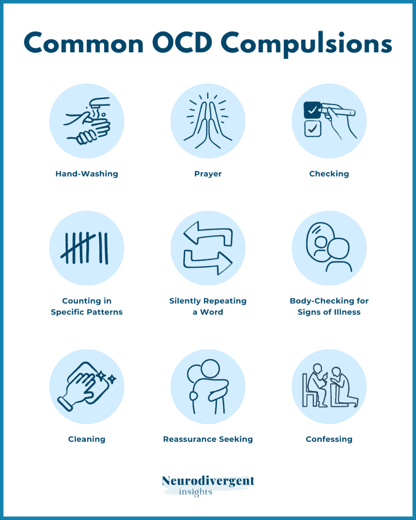 Infographic listing common OCD compulsions with illustrated icons.