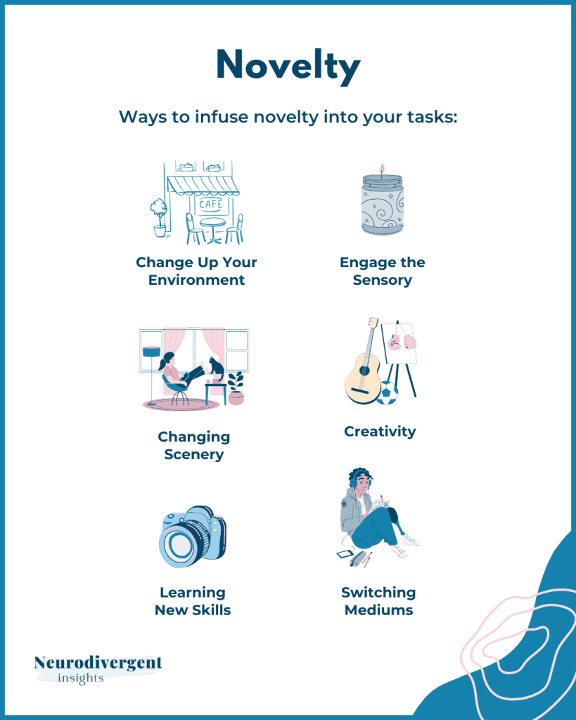 Infographic titled “Novelty” with ideas for changing environment and engaging the senses.