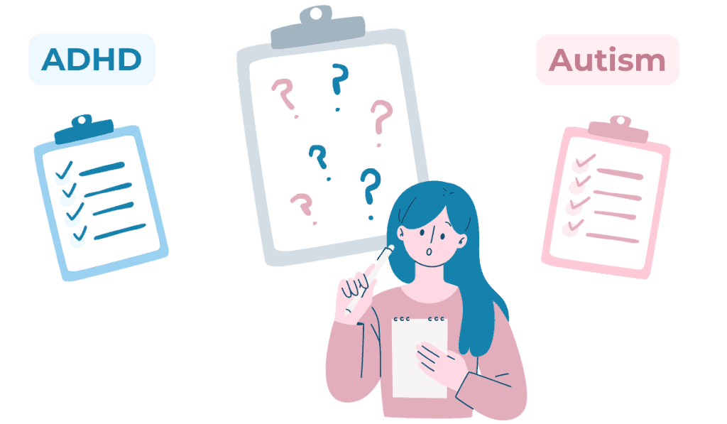 Illustration comparing ADHD and autism traits using checklists to highlight overlapping characteristics.