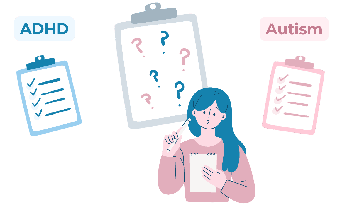 Illustration comparing ADHD and autism traits using checklists to highlight overlapping characteristics.