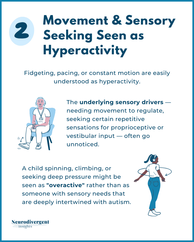 Infographic explaining how autistic sensory seeking can be mistaken for ADHD hyperactivity.