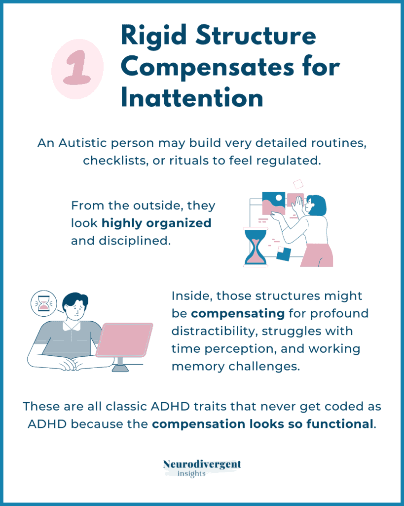 Graphic explaining how rigid routines in autistic individuals can mask ADHD related inattention.