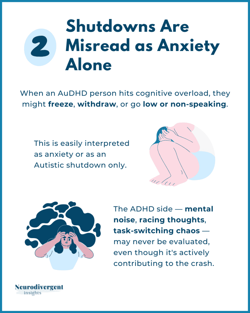 Graphic explaining how AuDHD shutdowns can be misinterpreted as anxiety.
