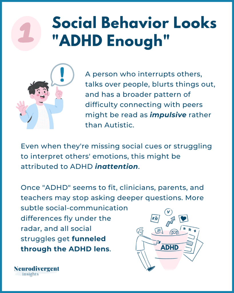 Infographic about how autistic social differences can be misinterpreted as ADHD impulsivity.