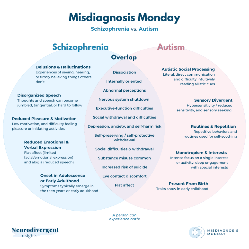 Detailed Venn diagram comparing schizophrenia and autism, showing differences and shared traits.
