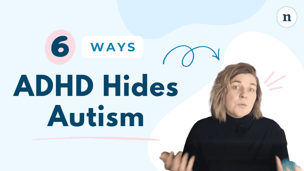6 ways ADHD hides autism thumbnail with large bold title text on a light blue background and a person with shoulder-length blond hair in a black top gesturing with their hands on the right side.