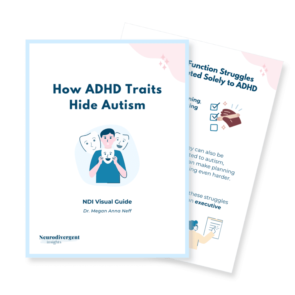 Mockup of a Neurodivergent Insights visual guide titled “How ADHD Traits Hide Autism” by Dr. Megan Anna Neff, showing a booklet cover with an illustration of a person holding a smiling mask in front of their face while other faces appear behind them, symbolizing masking and overlapping neurodivergent traits.