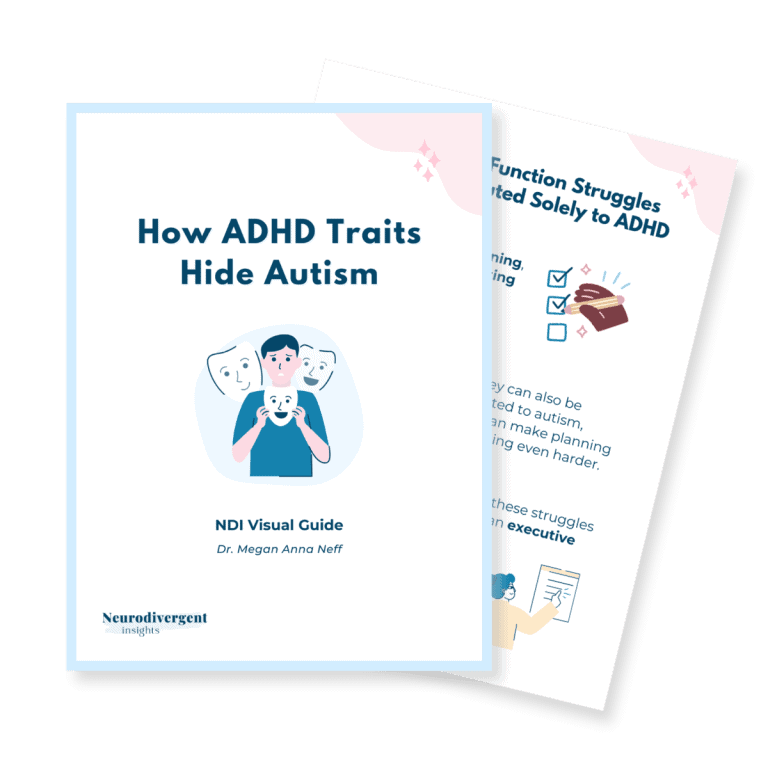 Mockup of a Neurodivergent Insights visual guide titled “How ADHD Traits Hide Autism” by Dr. Megan Anna Neff, showing a booklet cover with an illustration of a person holding a smiling mask in front of their face while other faces appear behind them, symbolizing masking and overlapping neurodivergent traits.