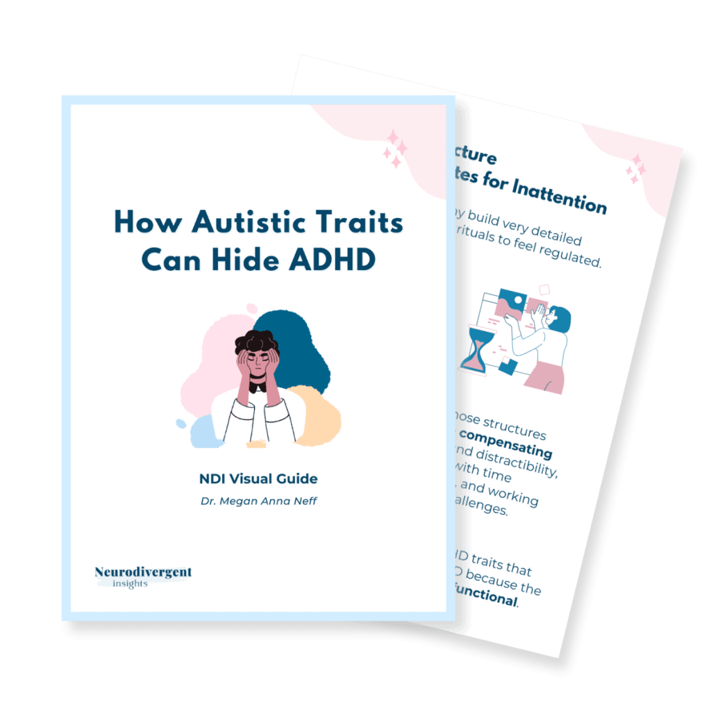 Illustrated cover of a Neurodivergent Insights visual guide titled “How Autistic Traits Can Hide ADHD,” showing a person holding their head in their hands in front of colorful abstract shapes, with a second partially visible page behind it.