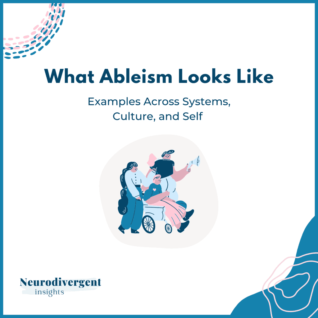 Three illustrated figures, one using a wheelchair, grouped together