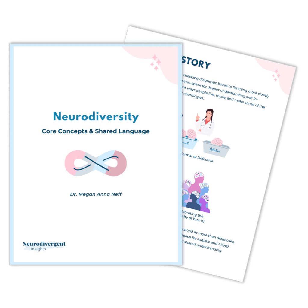Double mockup of the Neurodiversity Core Concepts and Shared Language free guide by Dr. Megan Anna Neff, showing the cover and an infographic page on neurotype diversity.