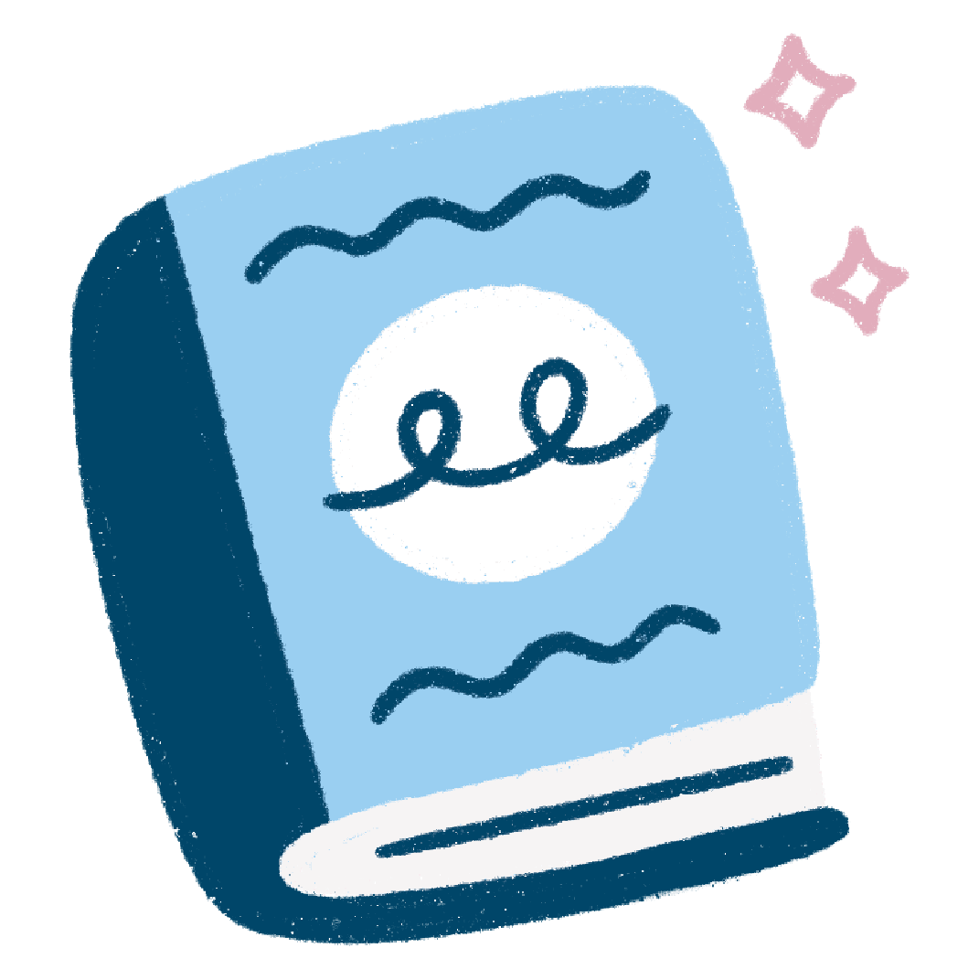 Illustrated blue book icon with a spiral detail on the cover and pink sparkles, representing NDI educational resources and published works.