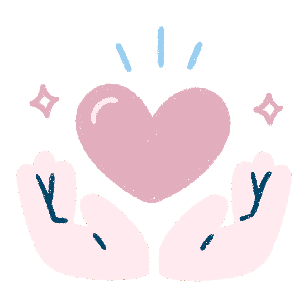 Illustrated hands holding a glowing pink heart with sparkles, symbolising compassion and support for neurodivergent adults in crisis.