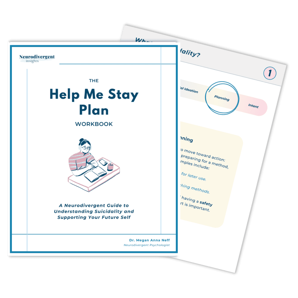 Image of “The Help Me Stay Plan Workbook” displayed on a tablet with three interior pages layered beside it. Visible pages include sections on crisis-moment tools, safety planning, and understanding what the brain is doing during suicidal overwhelm. Text below notes it is a digital PDF download for instant access.