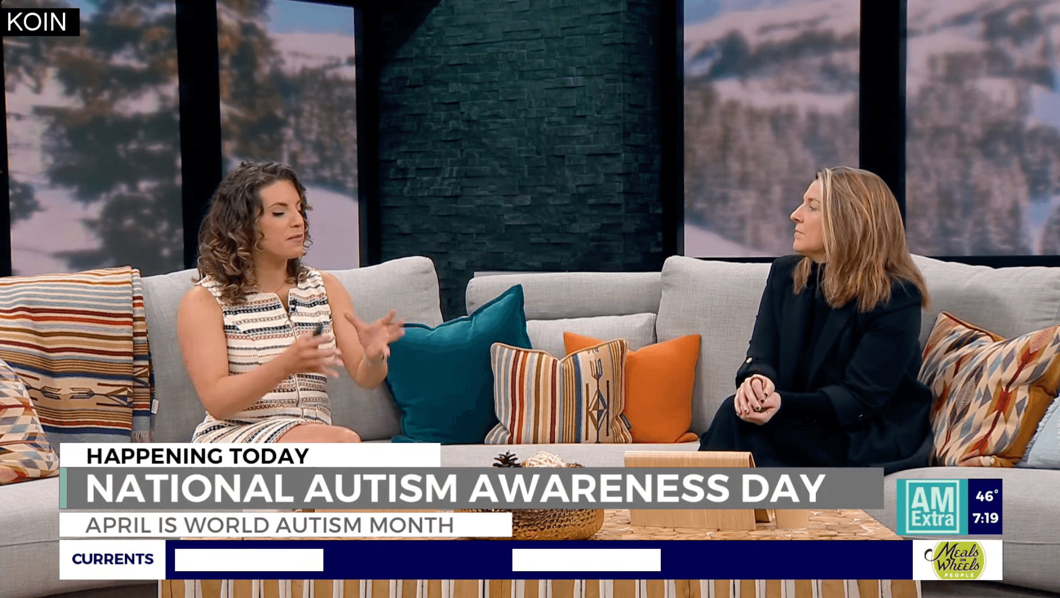 Dr. Megan Anna Neff speaking on the KOIN-6 CBS Morning News set about autistic burnout on National Autism Awareness Day, seated with a presenter on a sofa.
