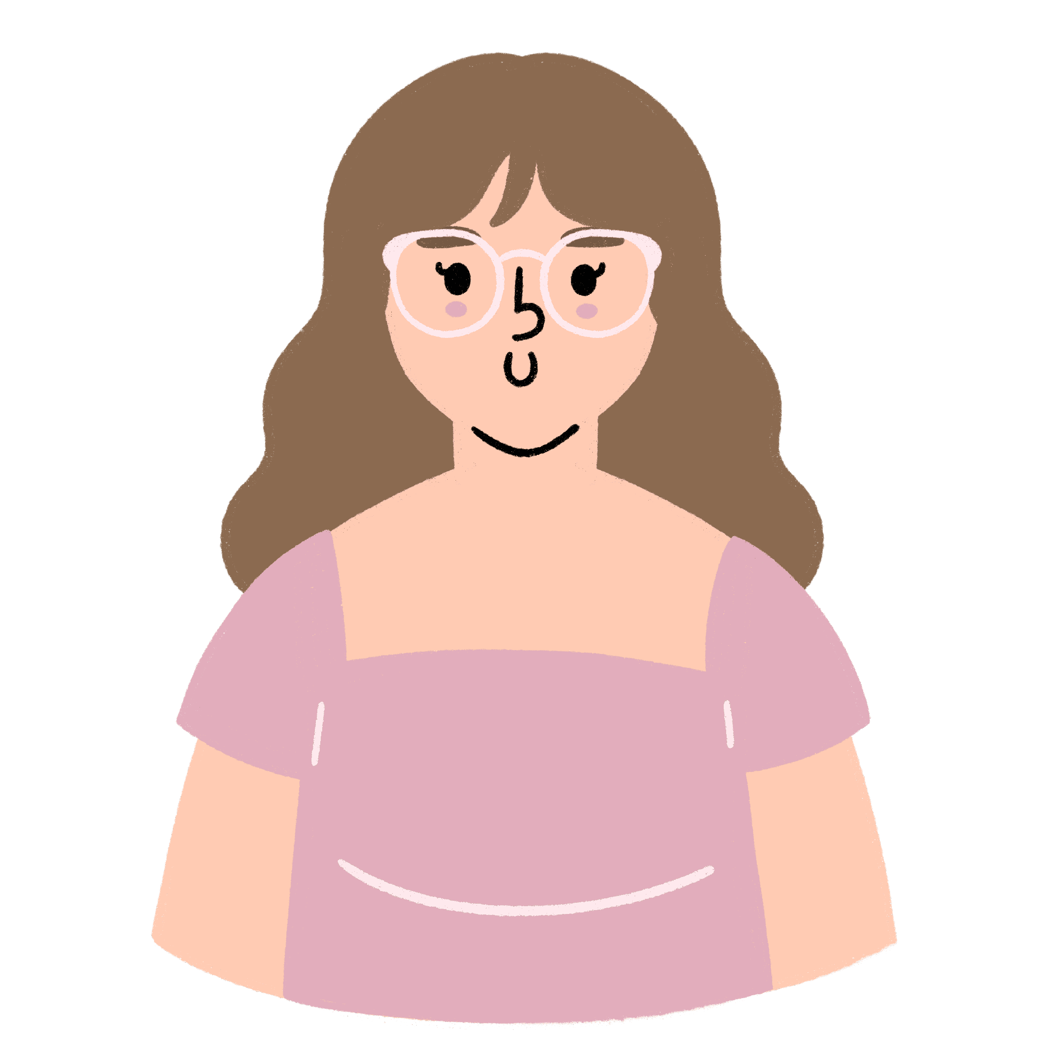 Illustrated portrait of Kaitlin, NDI Visual Learning Designer, with long brown hair and pink-framed glasses.
