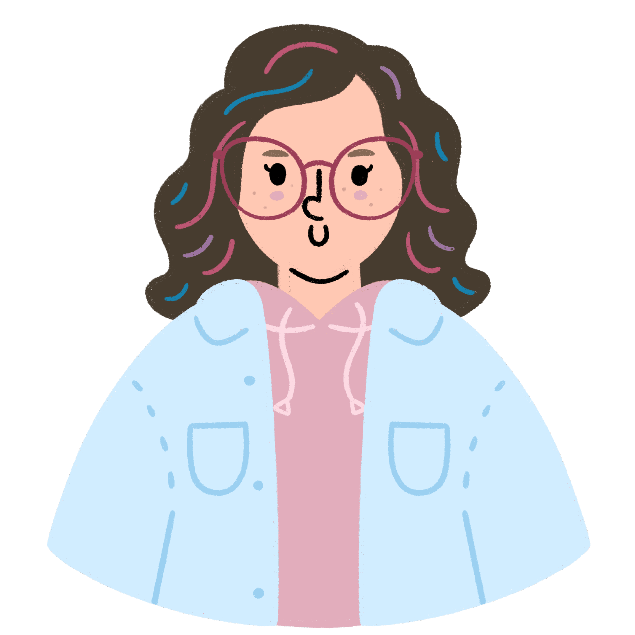 Illustrated portrait of Kaylyn, NDI Brand and Systems Designer, with curly dark hair, round pink glasses, and a light blue jacket.