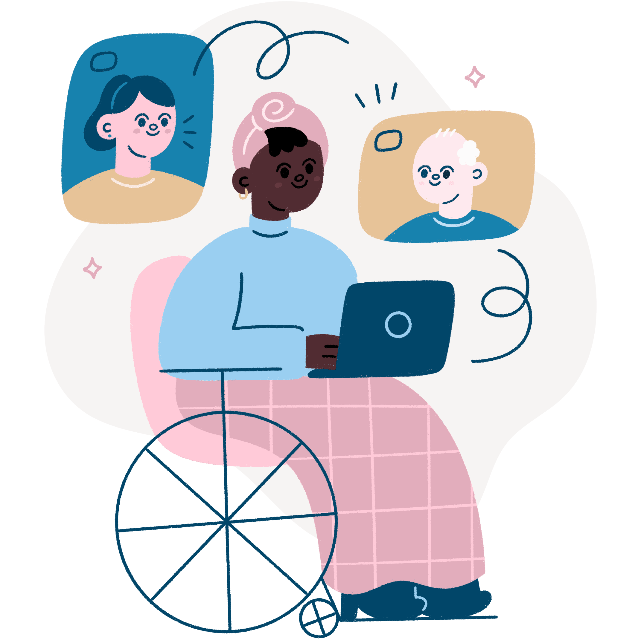 Illustrated neurodivergent person in a wheelchair on a laptop video call with two community members on screen, representing online peer connection.