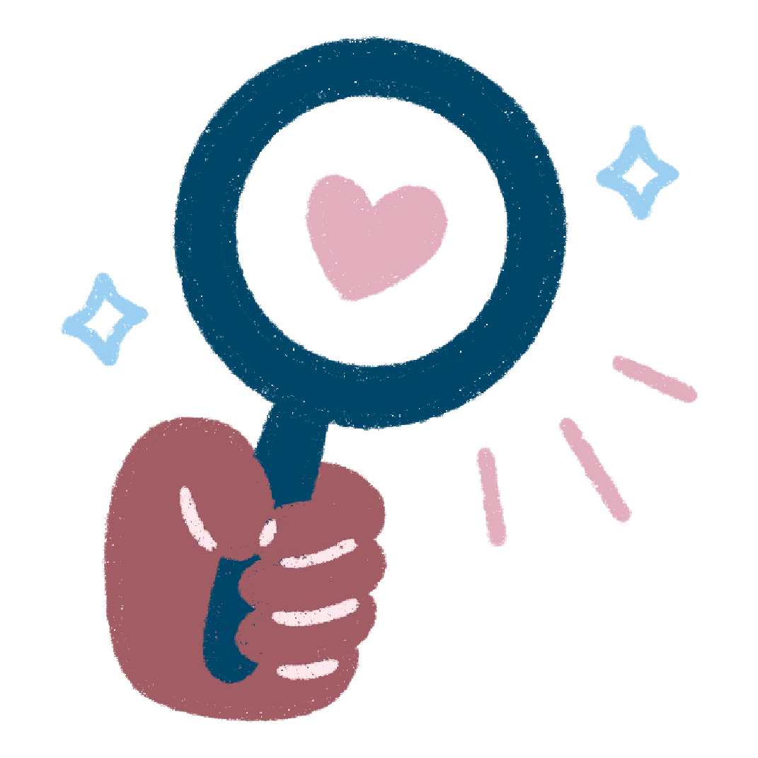 Illustrated hand holding a magnifying glass with a pink heart at the centre, representing compassionate self-understanding and neurodivergent self-discovery.