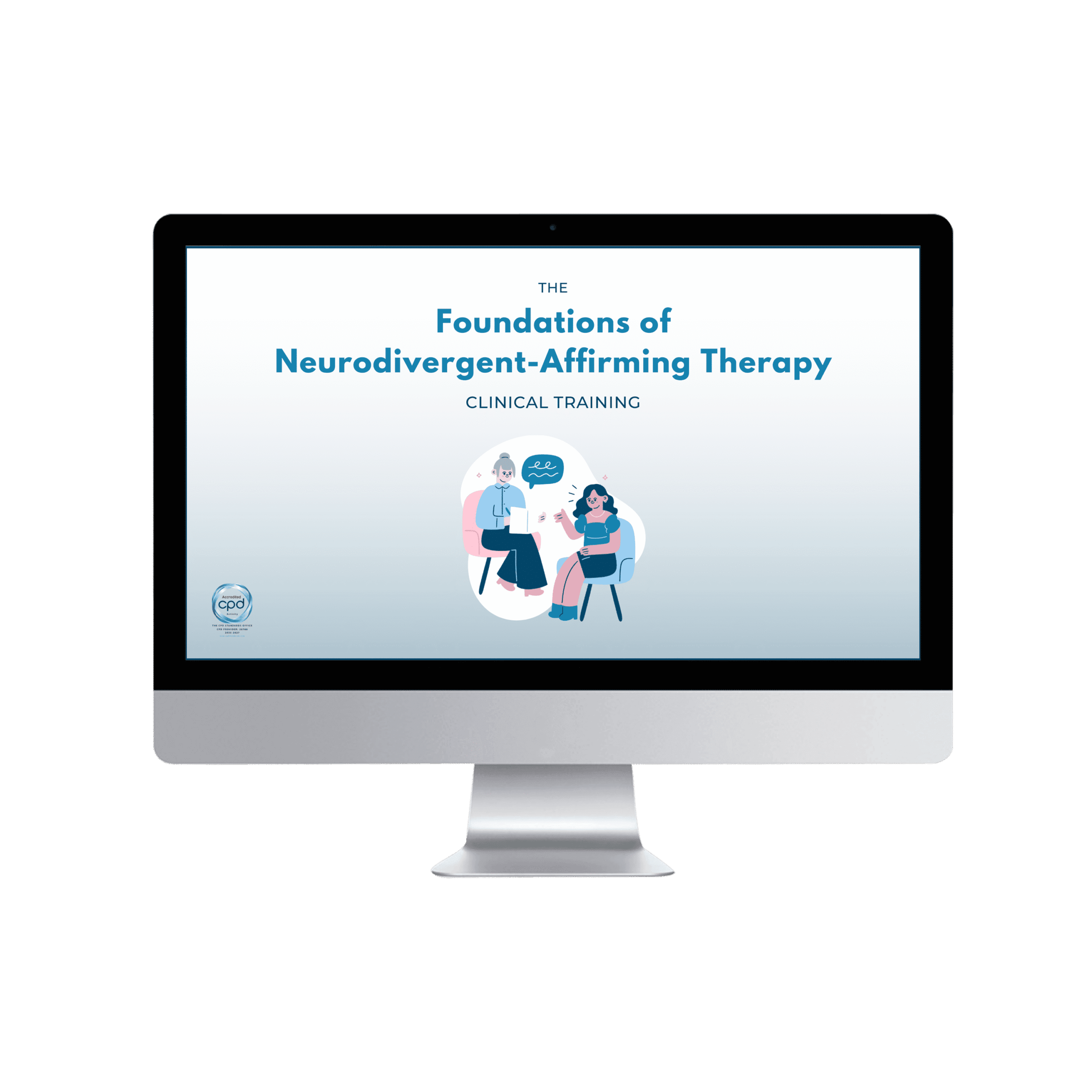Desktop monitor mockup showing the title slide for The Foundations of Neurodivergent-Affirming Therapy, a CPD-accredited clinical training by NDI.