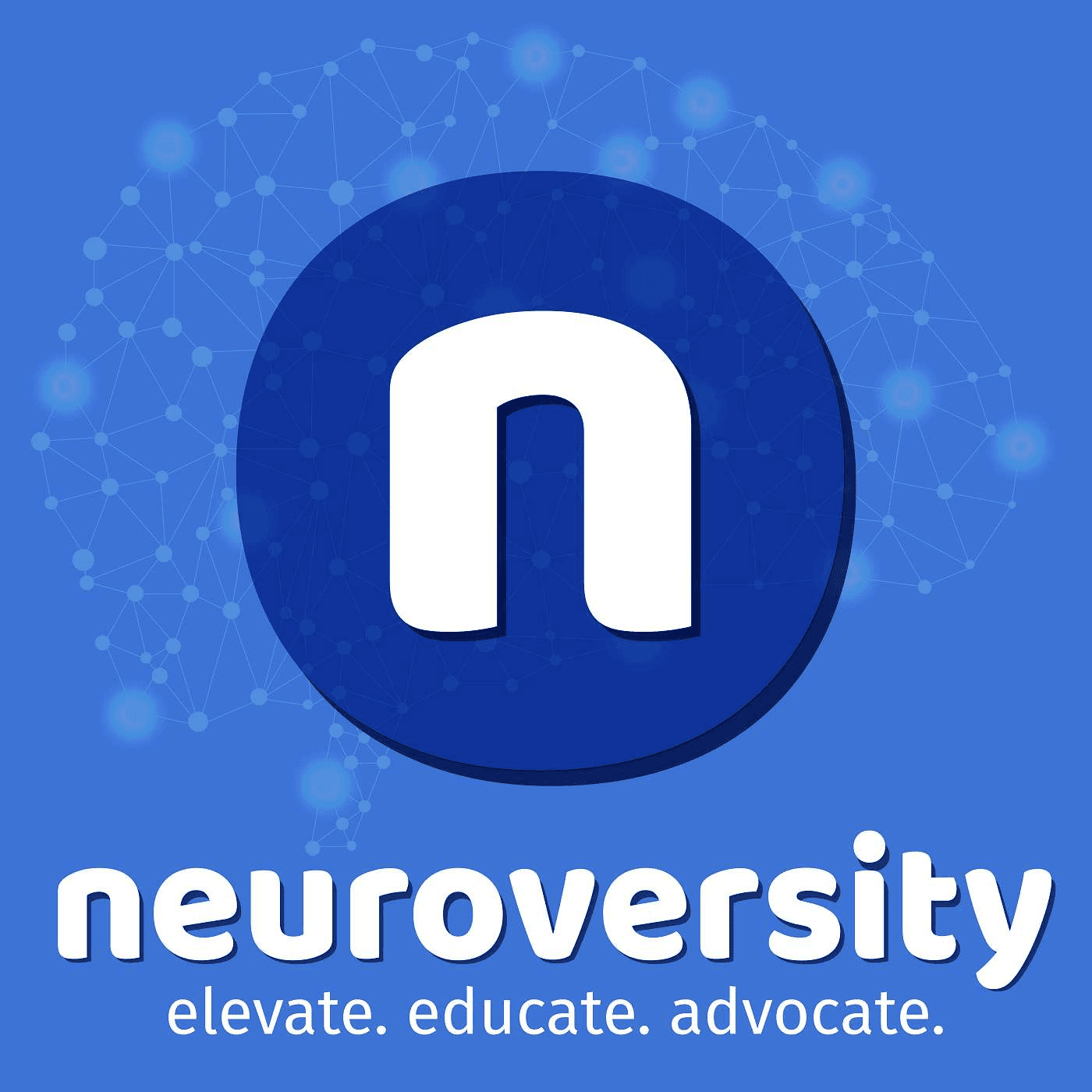 Neuroversity podcast logo on a blue background with a white lowercase n icon in a dark circle and the tagline elevate, educate, advocate.