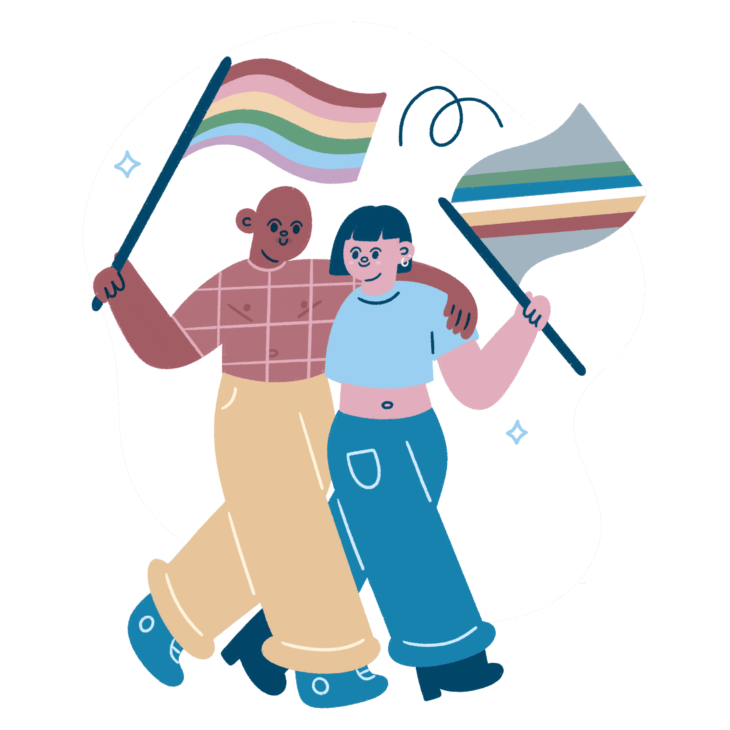 Two illustrated people embracing and waving a pride flag and a disability pride flag, representing NDI's queer and trans-affirming values.