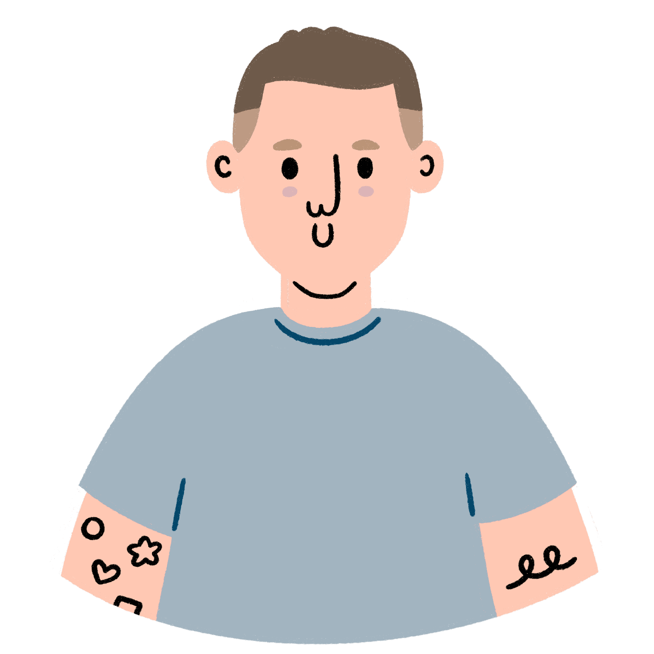 Illustrated portrait of Nick, NDI Partner, Marketing and Web Strategy, with short brown hair, a grey t-shirt, and small illustrated tattoos on his arms.