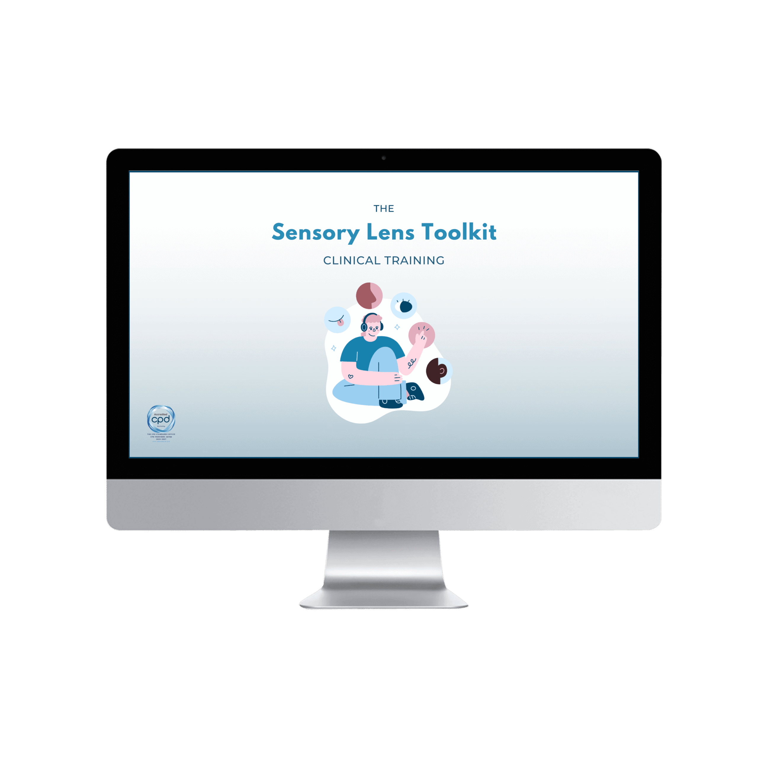 Desktop monitor mockup showing the title slide for The Sensory Lens Toolkit, a CPD-accredited clinical training by Neurodivergent Insights.