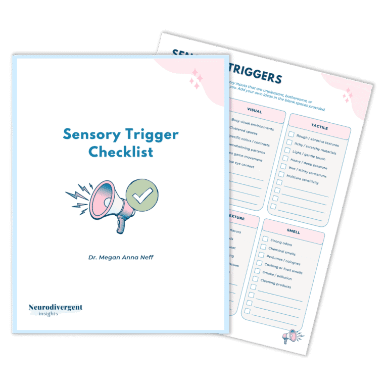 Double mockup of the Sensory Trigger Checklist free guide by Dr. Megan Anna Neff, showing the cover and a checklist of visual, tactile, smell, and texture triggers.