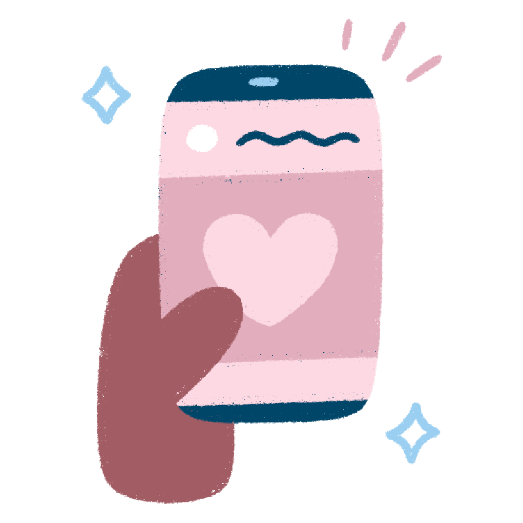 Illustrated hand holding a pink smartphone displaying a social media post with a heart, with blue sparkles, representing NDI social media content.