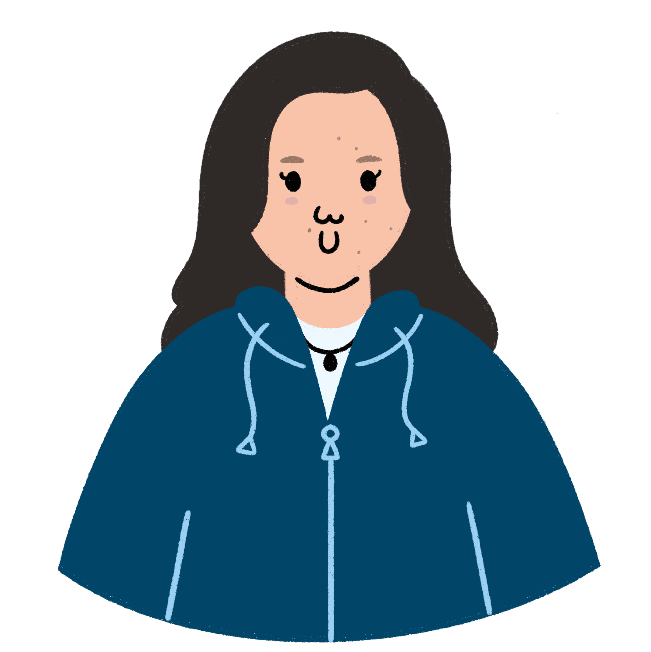 Illustrated portrait of Stephanie, NDI Community and Learning Platform Manager, with long dark hair and a teal zip-up hoodie.