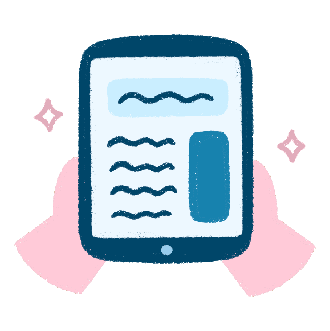 Illustrated hands holding a tablet displaying a structured digital resource with pink sparkles, representing NDI's accessible digital content for press and clinicians.
