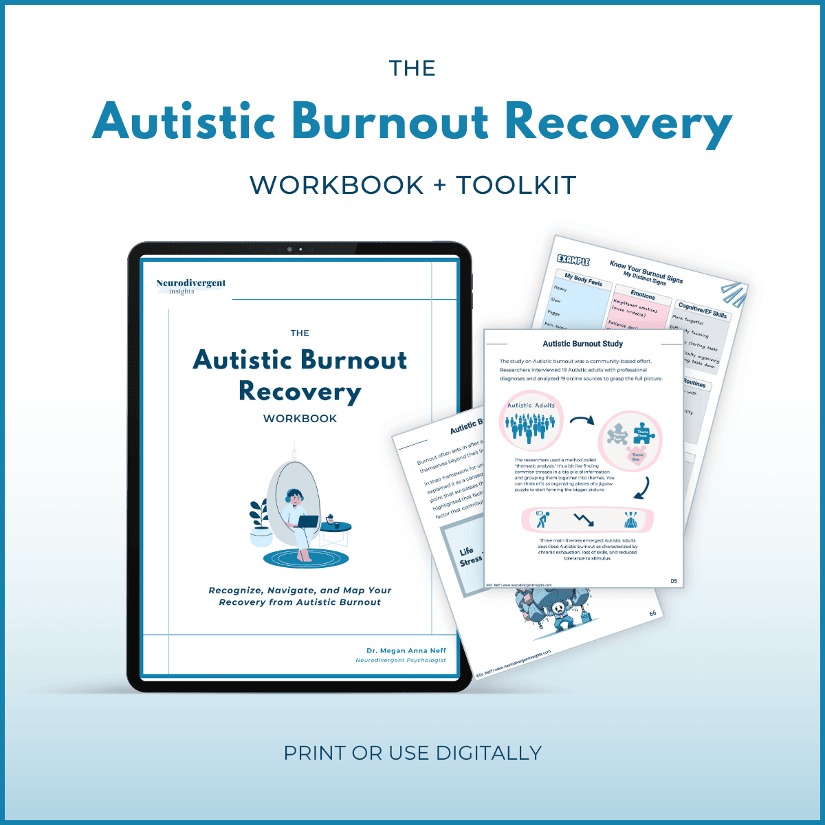 Autistic Burnout Recovery Workbook and Toolkit mockup on tablet with sample exercise pages displayed alongside