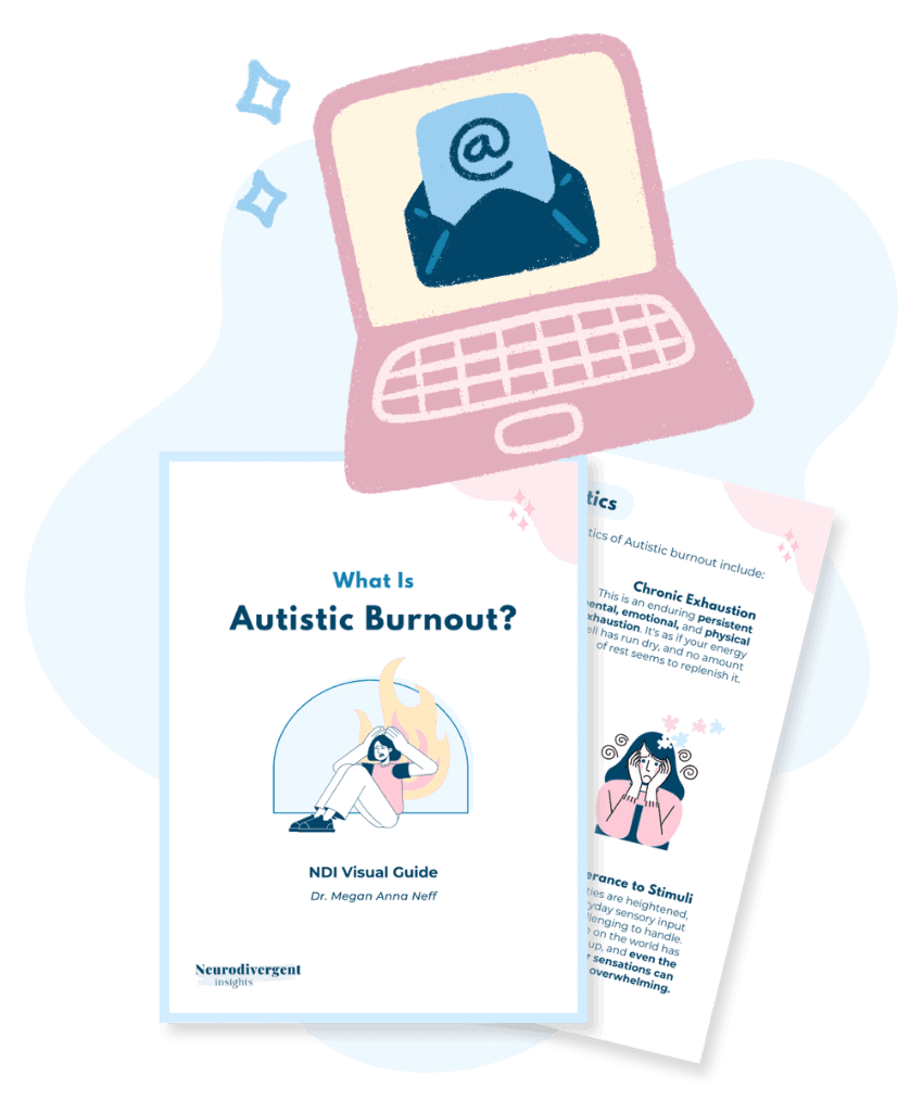 Autistic Burnout Roadmap free email course preview showing a visual guide cover, sample page, and pink laptop with email icon