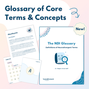 Square promotional graphic for “The NDI Glossary: Definitions of Neurodivergent Terms,” showing sample pages including an entry on alexithymia, a table of contents, and the illustrated cover on a soft gradient background.
