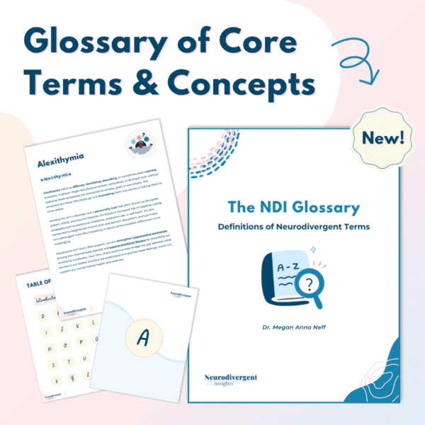 Square promotional graphic for “The NDI Glossary: Definitions of Neurodivergent Terms,” showing sample pages including an entry on alexithymia, a table of contents, and the illustrated cover on a soft gradient background.