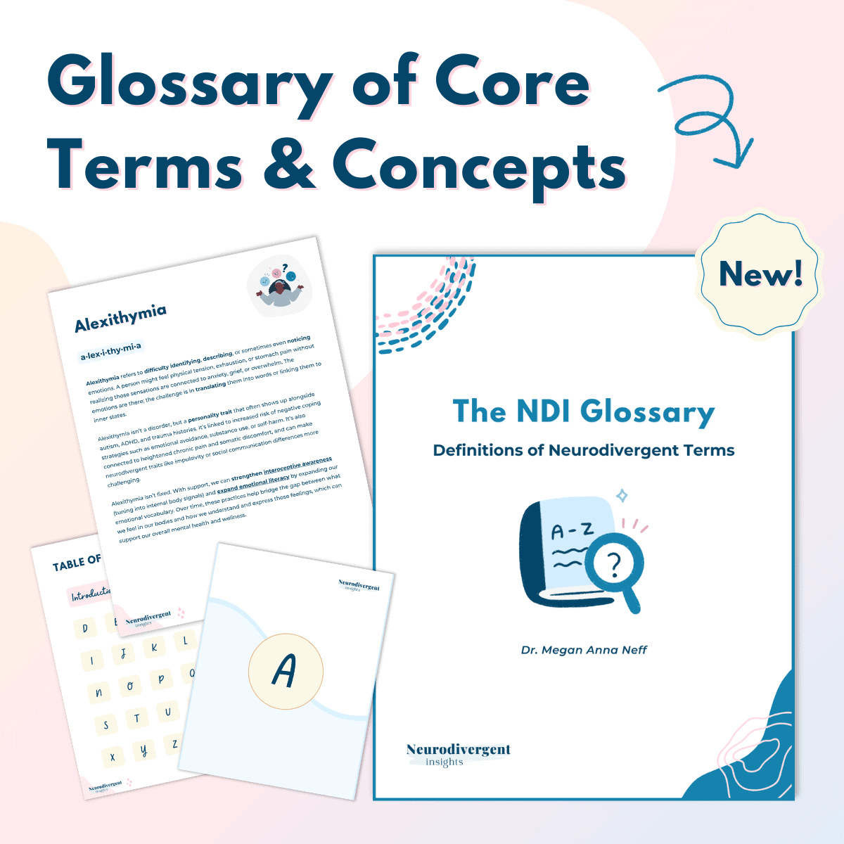 Square promotional graphic for “The NDI Glossary: Definitions of Neurodivergent Terms,” showing sample pages including an entry on alexithymia, a table of contents, and the illustrated cover on a soft gradient background.