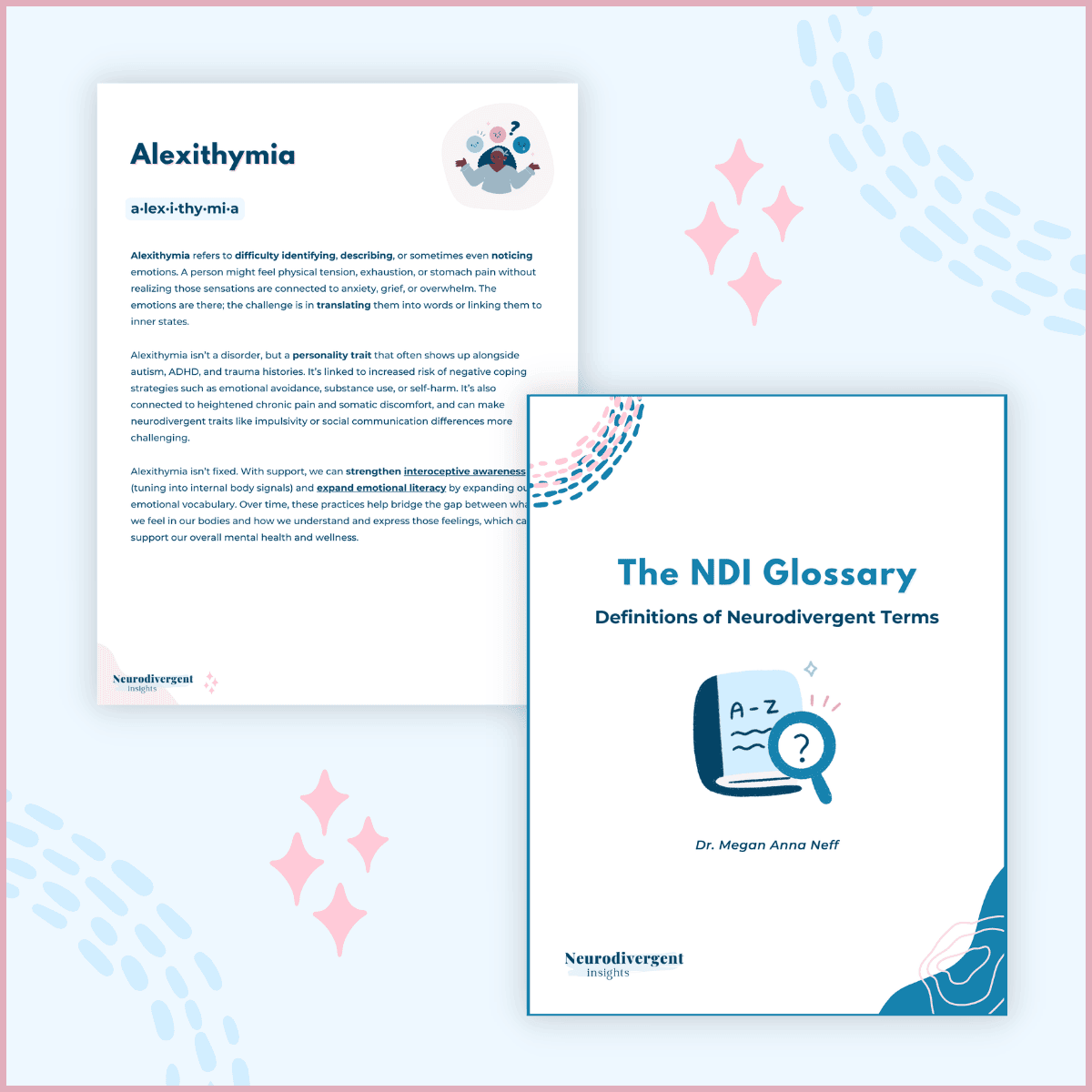 Set of illustrated mockups for “The NDI Glossary: Definitions of Neurodivergent Terms,” showing sample pages (including an entry on alexithymia), a cover page, and promotional text highlighting a glossary of core terms and concepts.