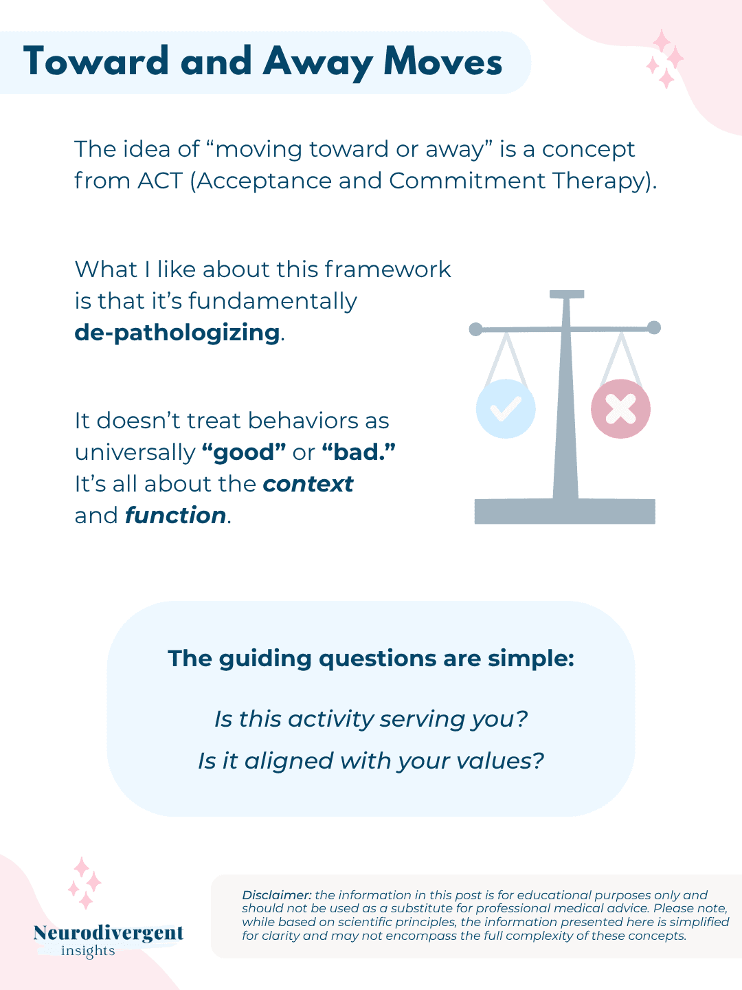 NDI infographic on Toward and Away Moves explaining the ACT concept as de-pathologizing, with a balance scale and guiding questions about values alignment.