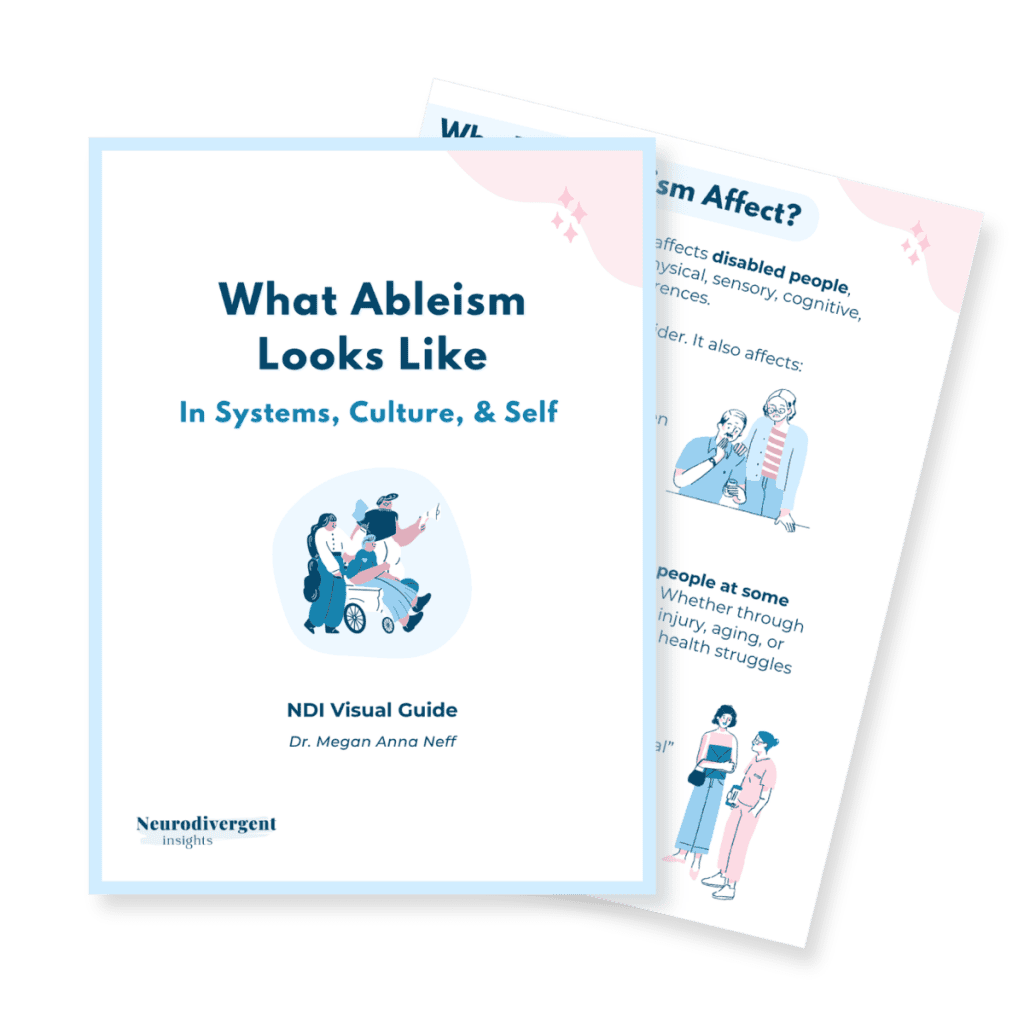 Mockup of a two-page PDF titled ‘What Ableism Looks Like in Systems, Culture, & Self,’ an NDI visual guide by Dr. Megan Anna Neff, with illustrated disabled characters on the cover and a partially visible content page behind it.