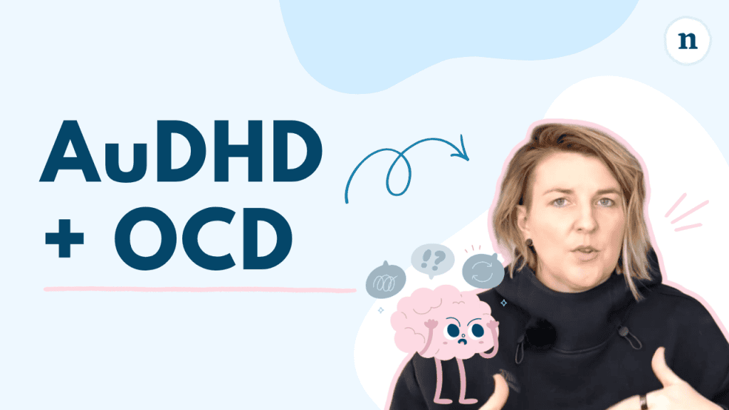 Youtube thumbnail with the text ‘AuDHD + OCD’ on a light blue background, an illustrated worried brain surrounded by thought bubbles, and a person in a black hoodie gesturing while speaking about overlapping autism, ADHD, and obsessive-compulsive disorder.