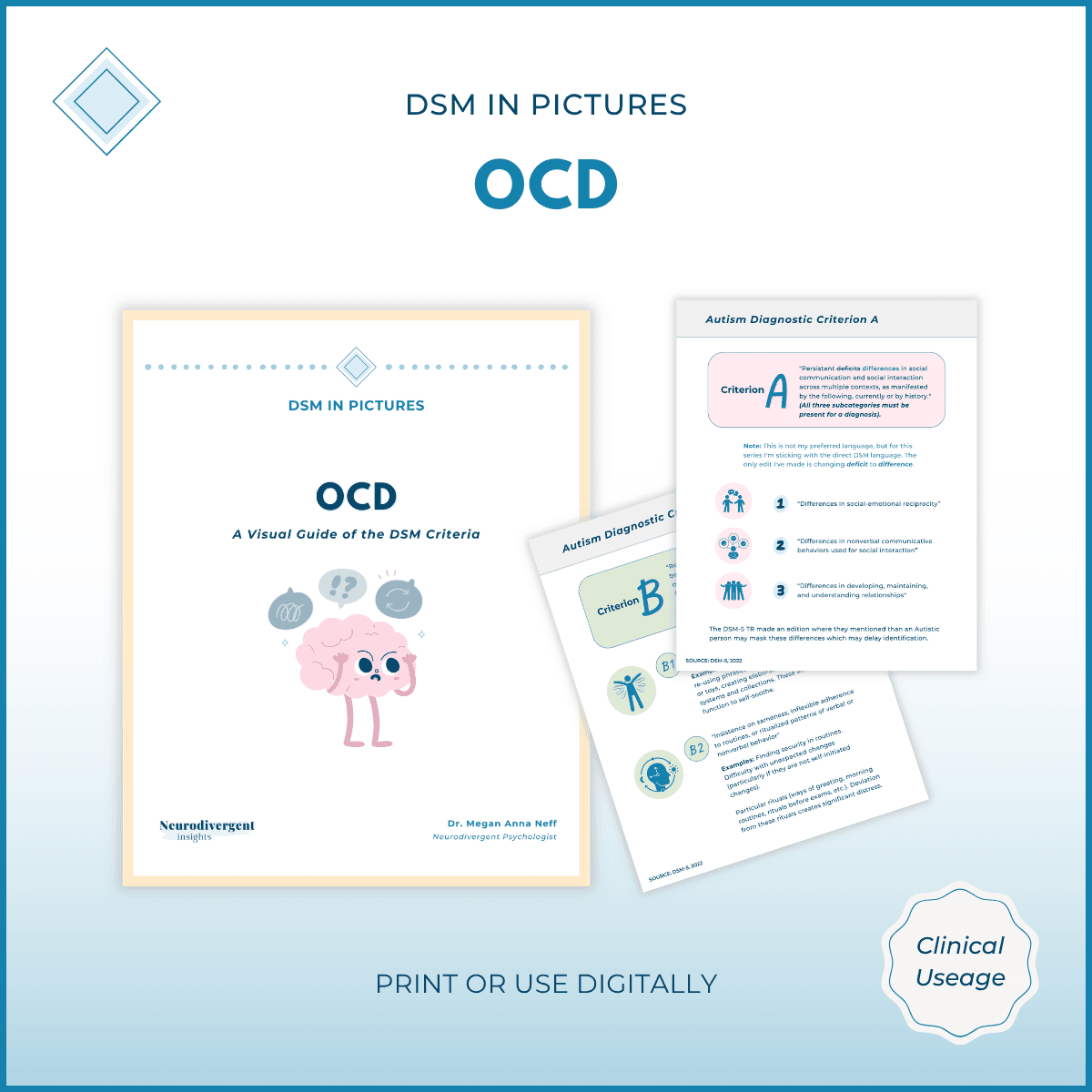Mockup of a clinical resource titled ‘DSM in Pictures: OCD’ showing a cover page with a worried cartoon brain and two interior pages with illustrated DSM criteria, on a blue gradient background with the text ‘Print or use digitally’ and a badge reading ‘Clinical Useage