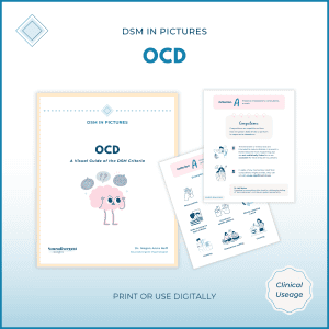 Mockup of a clinical resource titled ‘DSM in Pictures: OCD’ showing a cover page with a worried cartoon brain and two interior pages with illustrated DSM criteria, on a blue gradient background with the text ‘Print or use digitally’ and a badge reading ‘Clinical Useage