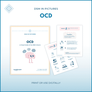 Mockup of a personal resource titled ‘DSM in Pictures: OCD’ showing a cover page with a worried cartoon brain and two interior pages with illustrated DSM criteria, on a soft blue gradient background with the text ‘Print or use digitally’.