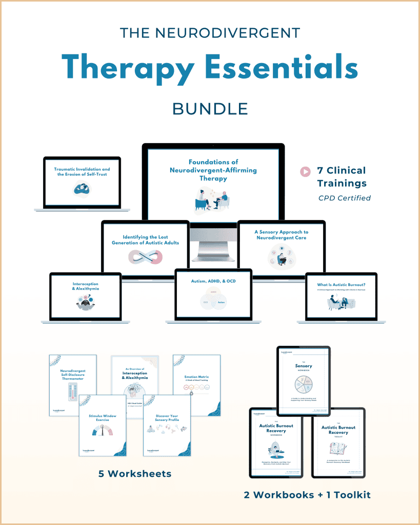 Horizontal promo graphic for “The Neurodivergent Therapy Essentials Bundle,” showcasing 7 CPD‑certified clinical trainings on neurodivergent‑affirming therapy, plus 2 workbooks, 1 toolkit on autistic burnout, and 5 printable worksheets on interoception, sensory profiling, and related skills.